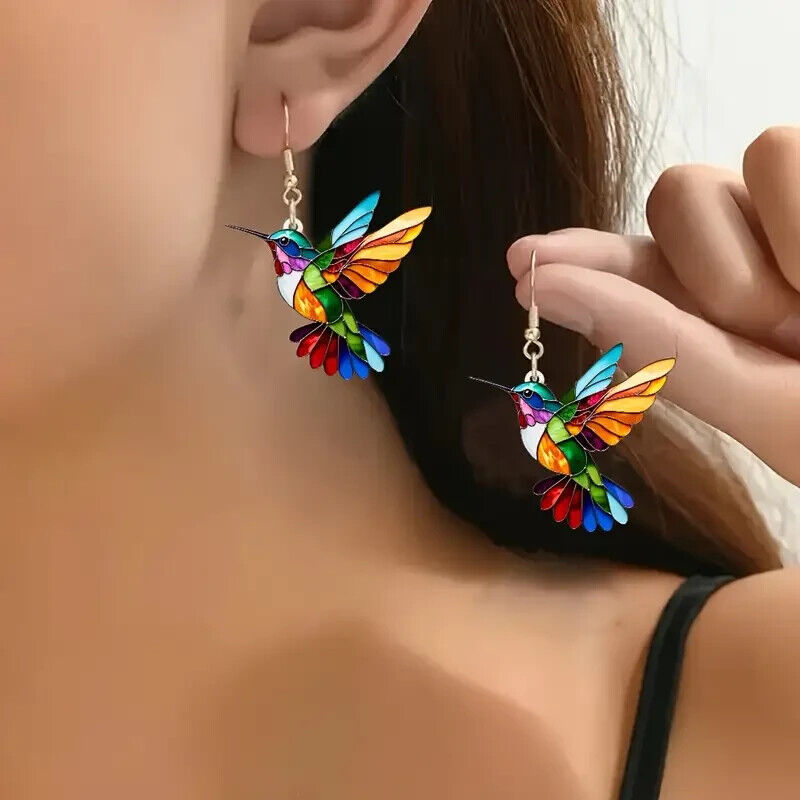 Acrylic Hummingbird Earrings Colorful 2D Design Featherless Stainless Steel