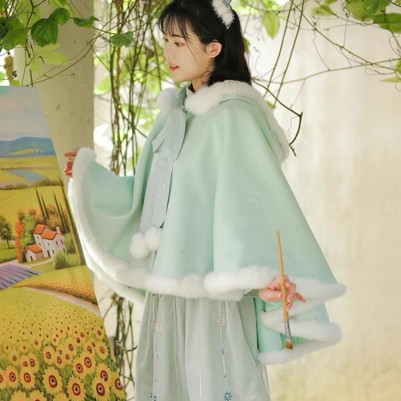 Women Chinese Hooded Cape Fluffy Lolita Cloak Poncho Hanfu Coat Outerwear