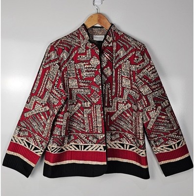 Alfred Dunner quilted jacket size 12 red black tan tribal print extra soft open 