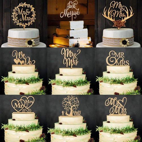 Wooden Love Mr Mrs Just Married Cake Topper Decor Rustic Wedding