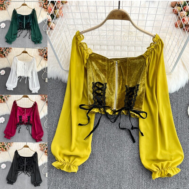 Women Velvet Mesh Crop Tops Shirts Lace Up T-shirts Squre Neck Retro Splice