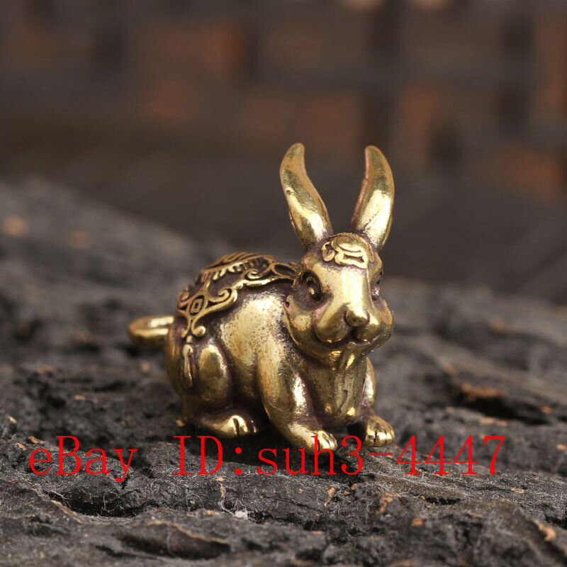 Chinese Handmade Copper Brass Zodiac Rabbit Fengshui Statue Ornament