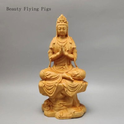 15CM Chinese Cliff Cypress Wood Carving and Guanyin Bodhisattva Decoration