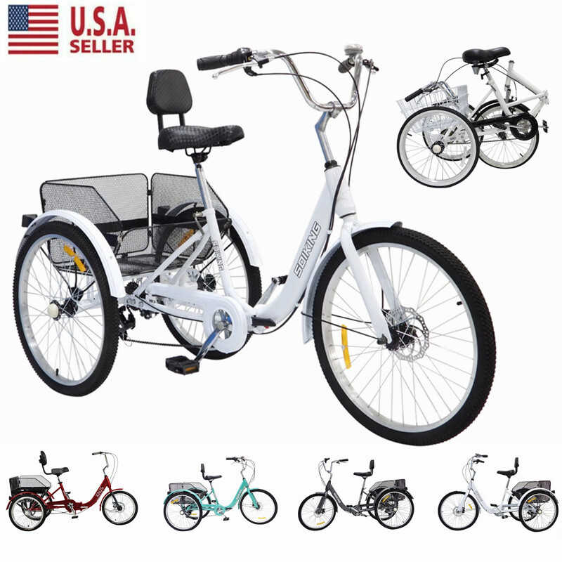 Foldable Adult Tricycle 20''/24'' Folding 7-Speed 3 Wheel Bikes w/ Cargo Basket
