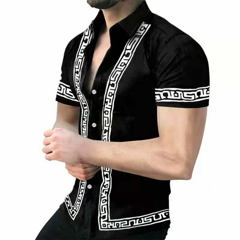Button Down Shirt Men Black Vintage Short Sleeve Casual Baroque White Trim  Dress