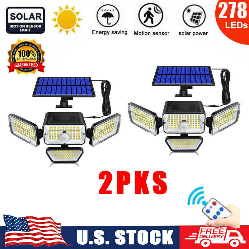 Solar Panel Security Light Outdoor 4 head 7000K 5000LM LED Motion Sensor IP65 2X