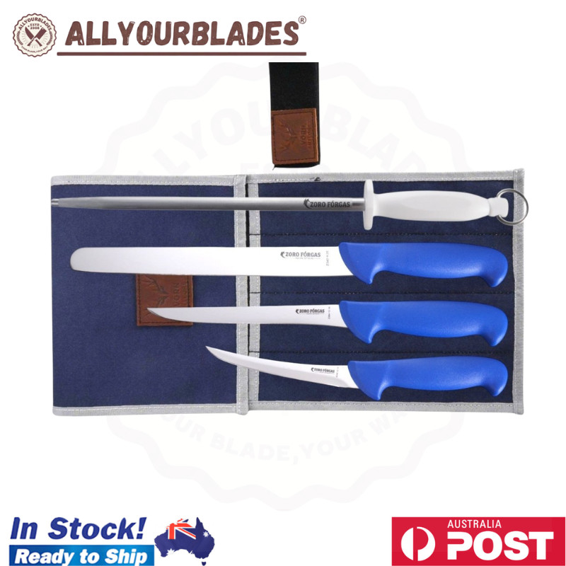 Zoro Forgas 4PCS Essential Boat Fillet & Skinner Knife Set 12" Sharpening Steel