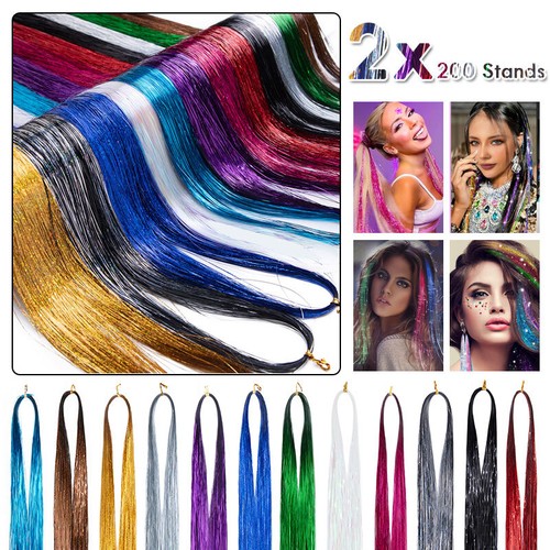 200 Strands Rainbow Holographic Hair Glitter Highlight Sparkle Tinsel Extensions