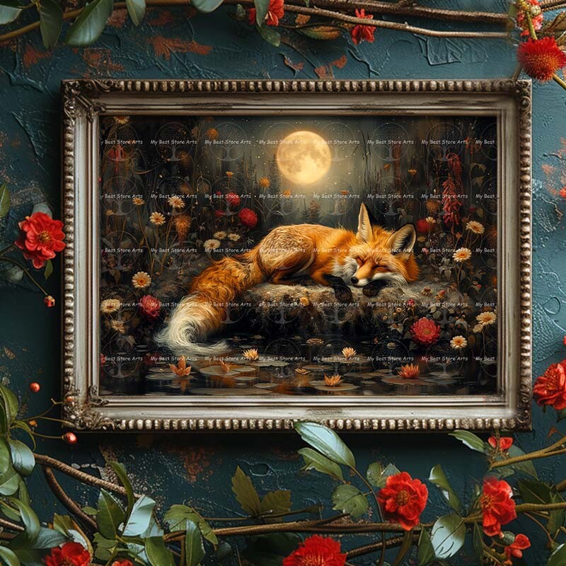 SLEEPING FOX ART PRINT, Animal Fantasy, Cottagecore Decor, Flower Poster D677