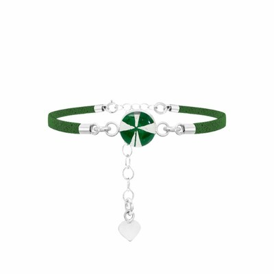 Shrieking Violet Four Leaf Clover Green Faux Leather Round Charm Silver Bracelet
