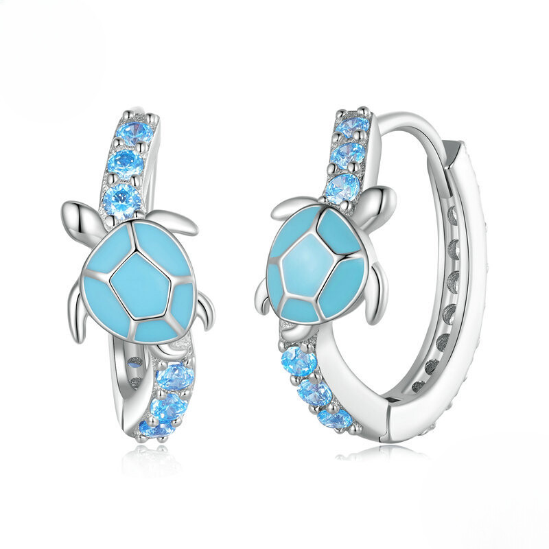 Femme Mignon Bijoux Boucles D'Oreilles S925 Argent Sterling Bleu Tortue Motif