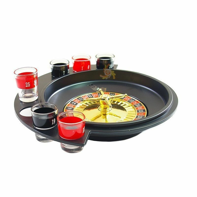 SET DA GIOCO ROULETTE DRINKING CON 6 CALICI DI VETRO ROSSI E NERI FESTE NUOVO