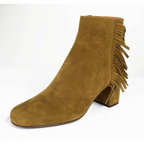 Pre-owned Saint Laurent Sz 37.5 $895  Tan Suede 70 Babies Fringe Boho Fall Ankle Boots In Brown