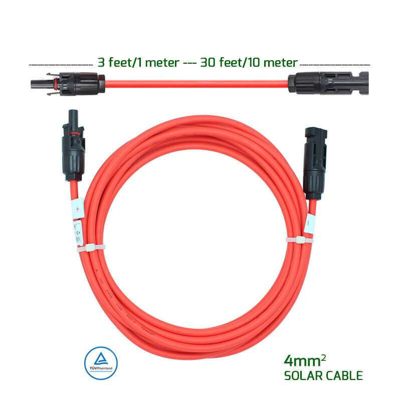Black+Red 10/12AWG Solar Panel Extension Cable Silicone Flexible Wire Connectors