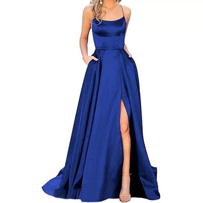 Women Elegant Halter Backless Long Dress Satin Party Prom Side Slit Prom