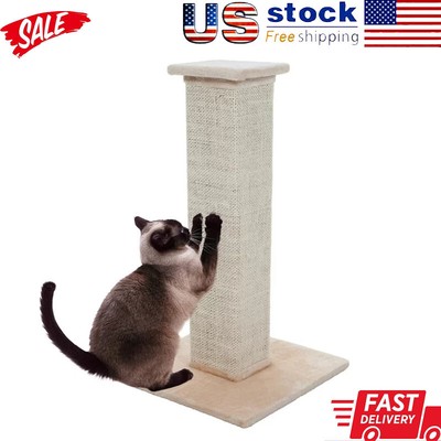 Indoor Cat Scratching Post w/ Carpeted Base 27.75-Inch Beige Sisal Burlap Fabric
