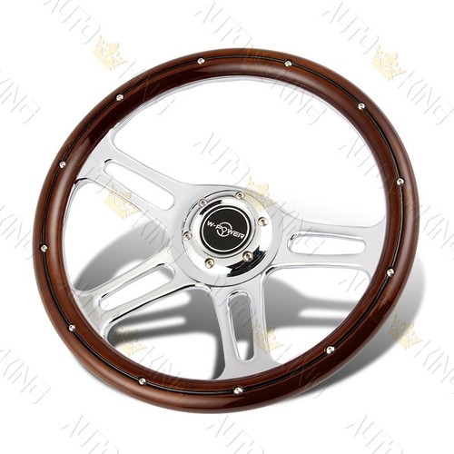350MM W-POWER DARK WOOD GRIP 6-HOLE VINTAGE 4-SPOKE STEERING WHEEL