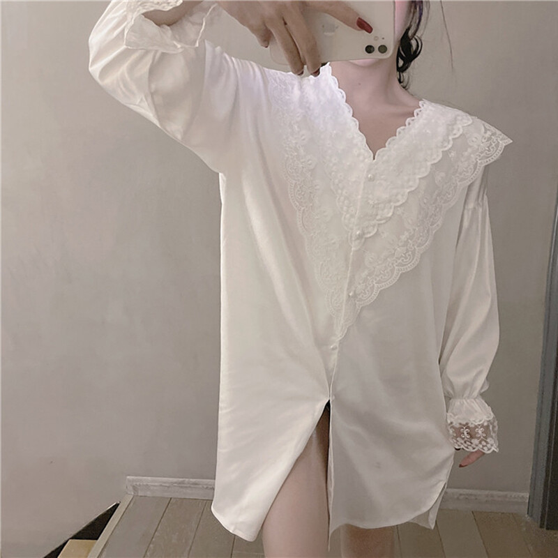 Bianco Donna Pigiama Camicia Pizzo Raso da Notte Riposo Biancheria Sexy Dolce