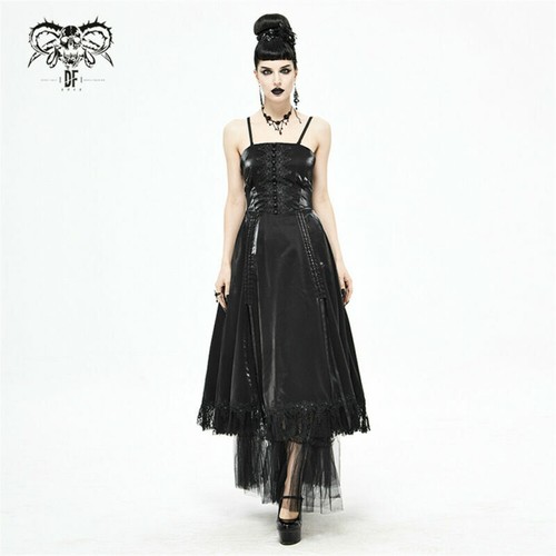 DEVIL FASHION DEVIL FASHION GOTHIC RETRO GORGEOUS HEM LEATHER PLEATED DESIGN SUSPENDER DRESS
