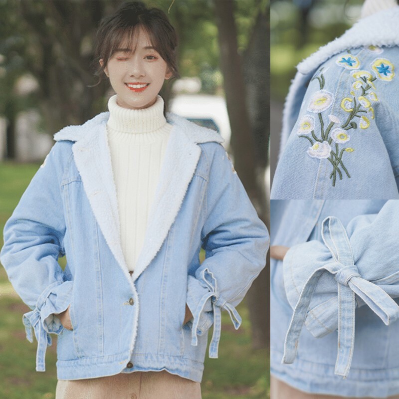 Veste Manteau En Jean Pour Femme Doublée Polaire Broderie Florale Bleu