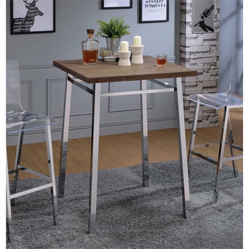 Acme Nadie Wood And Metal Square Pub Table In Oak And Chrome