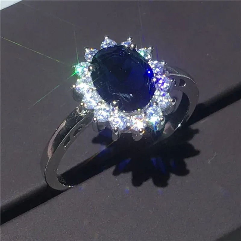Royal Jewelry Princess Diana Soild Silver Color Ring Sapphire Cz Diamond Engagement Wedding Band Rings for Women Bridal Size 5-11 Bague Femme