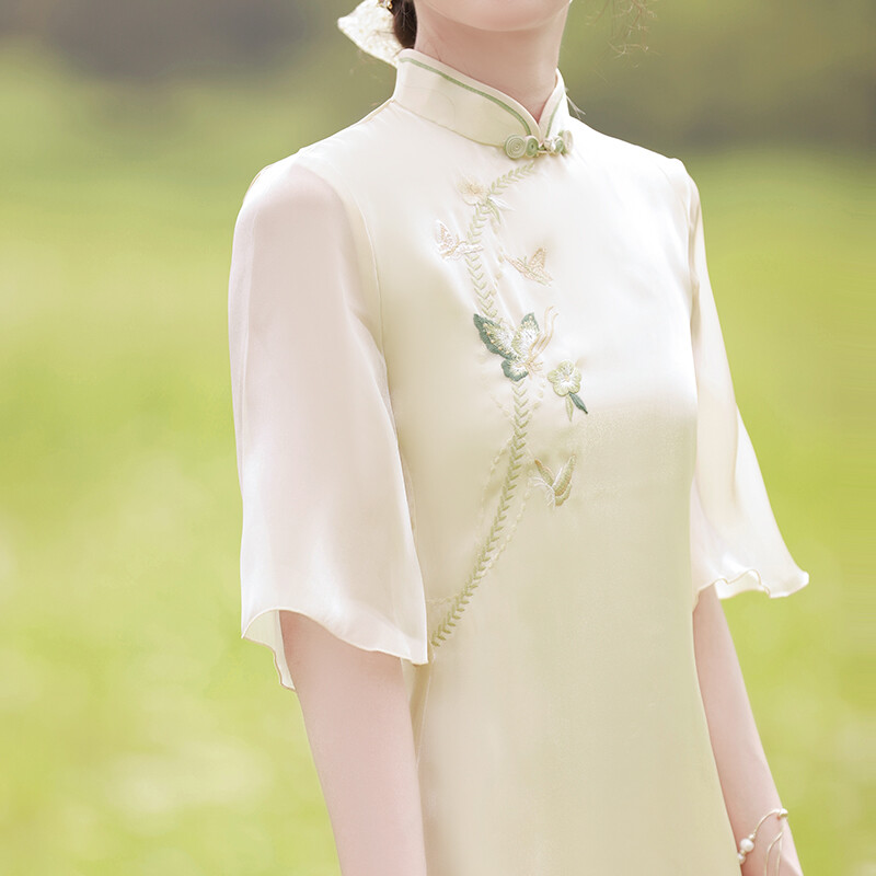 Damen Tüll Stickerei Cheongsam Qipao Rüschen Kurzärmelig Langes Kleid Elegant
