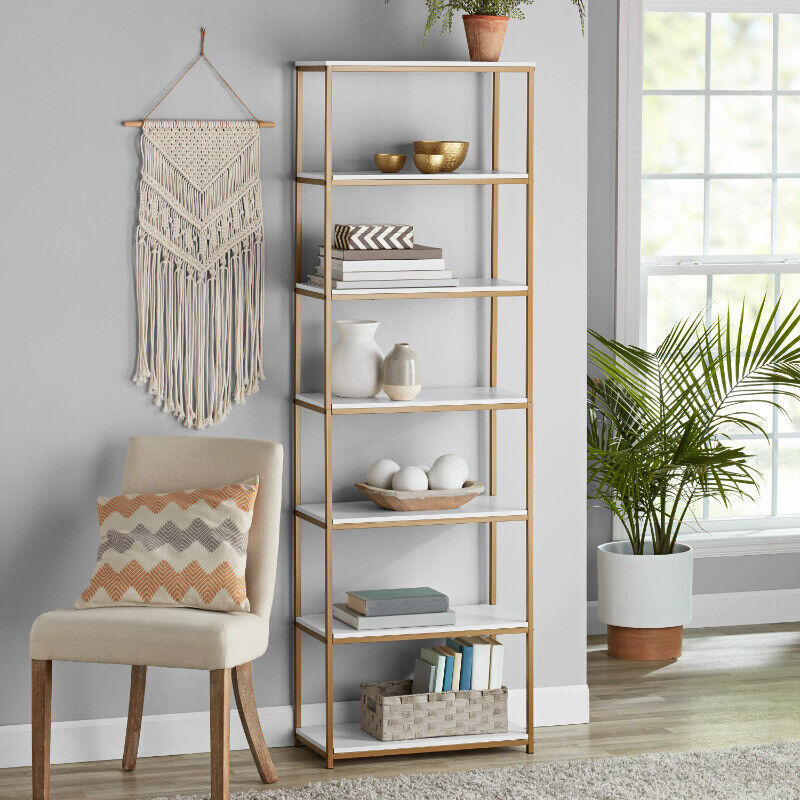 6-Shelf Gold Metal Frame Bookcase Display Storage Organization White Bookshelves