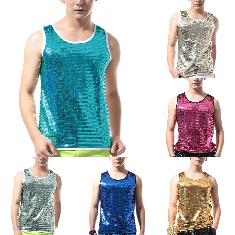 Mens Glitter Sequins Vest Tank Tops Dance Party Stage Shirts Showman Costume