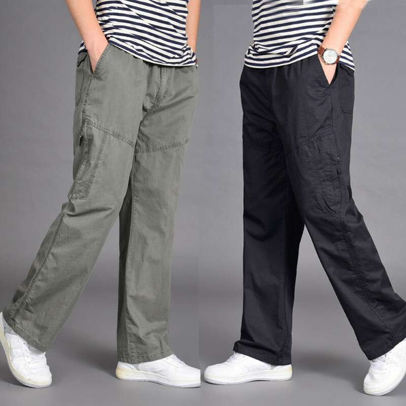 Men Long Cargo Pants Trousers Loose Casual Cotton Plus Size Black Grey Khaki