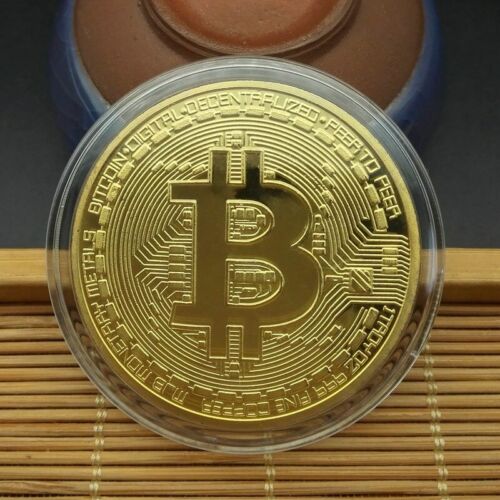 Bitcoin Cryptocurrency Gold Plated Collectible Coin BTC Crypto In Plastic Casing