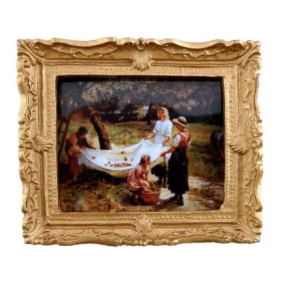 Dollhouse Miniature Picking Apples Picture Painting Gold Frame