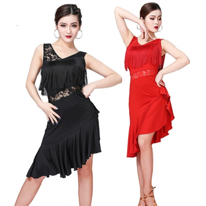 Women Latin Dance Dress Salsa Tango Ballroom Costume Lace Tassel Rumba Practice