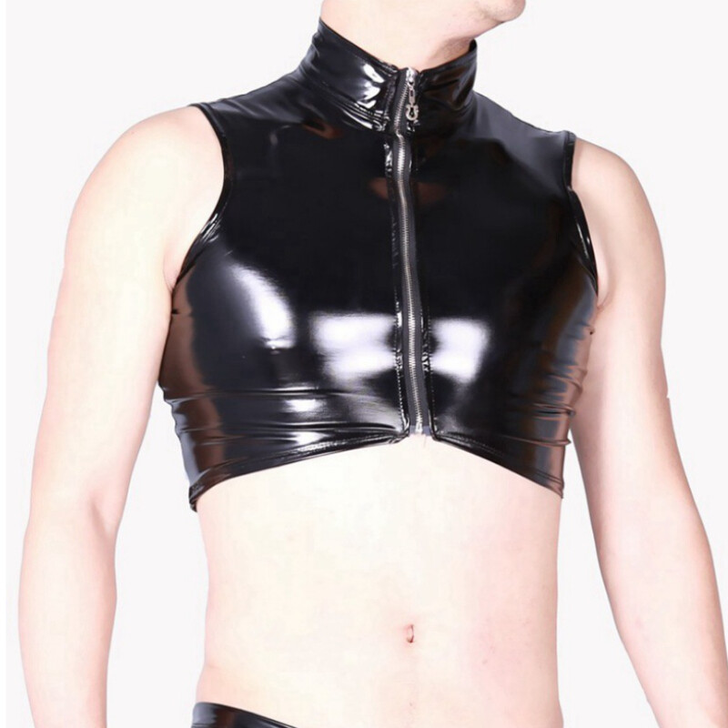 Gay Mouillé Look Corset Zip Gilet Hommes Faux Latex Caraco Haut Court Sexy Danse