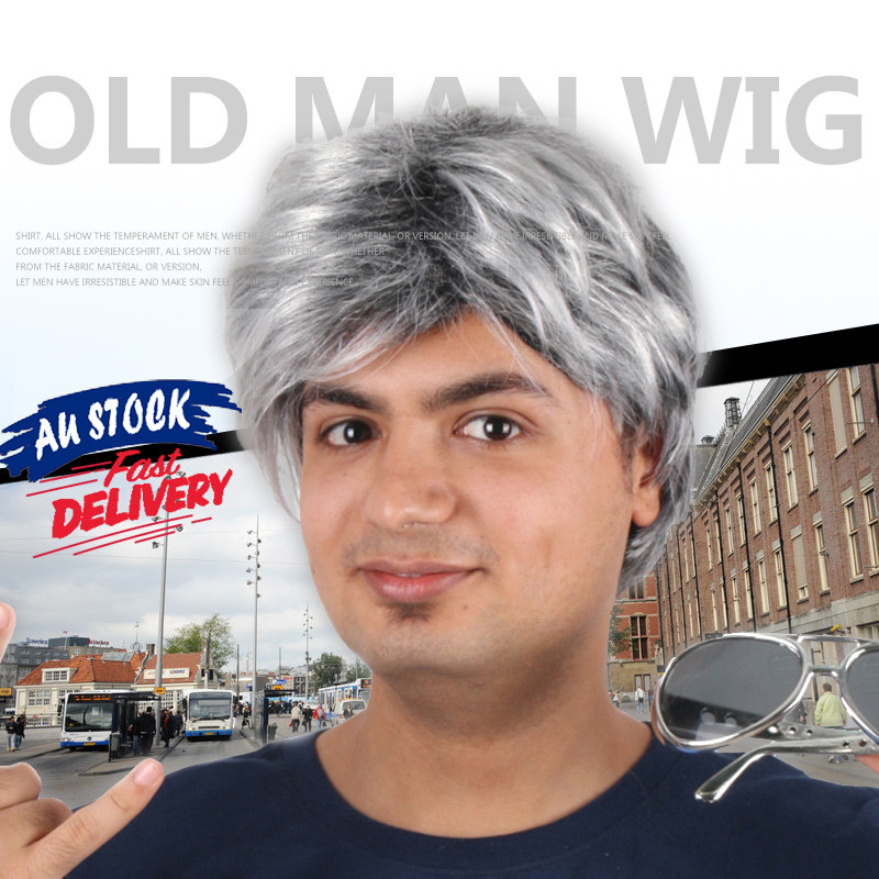 Silver Gray Man Short Wig Hairnet Old Men S Full Cosplay Fashion