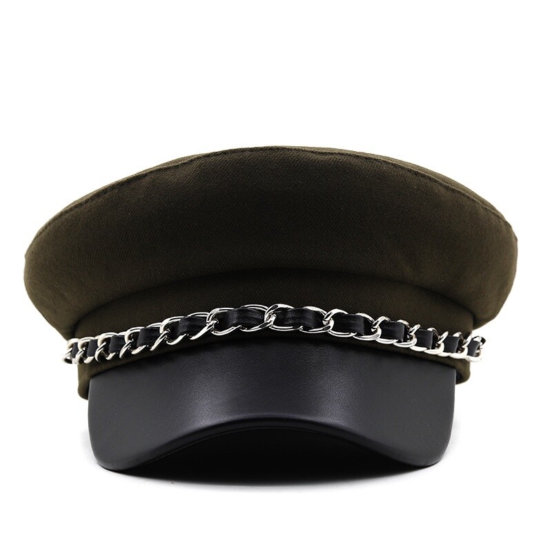 Donna Chauffeur Cabbie Cappello Similpelle Basco Metallo Catena Captain Marinaio