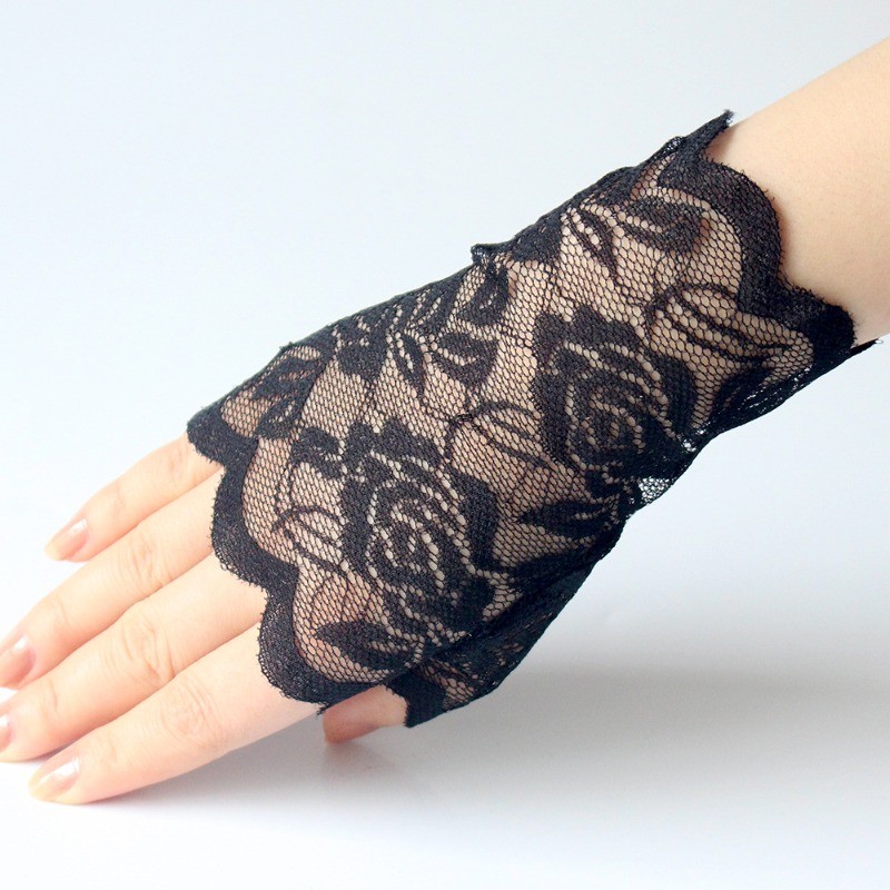 Damen Sommer Sonnenschutz Spitze Handschuhe Kurz Floral Fingerlos Dünn Schwarz