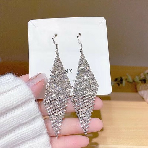 925 Sterling Silver Luxury Shine Bling Long Crystal Geometry Tassel Women 1295