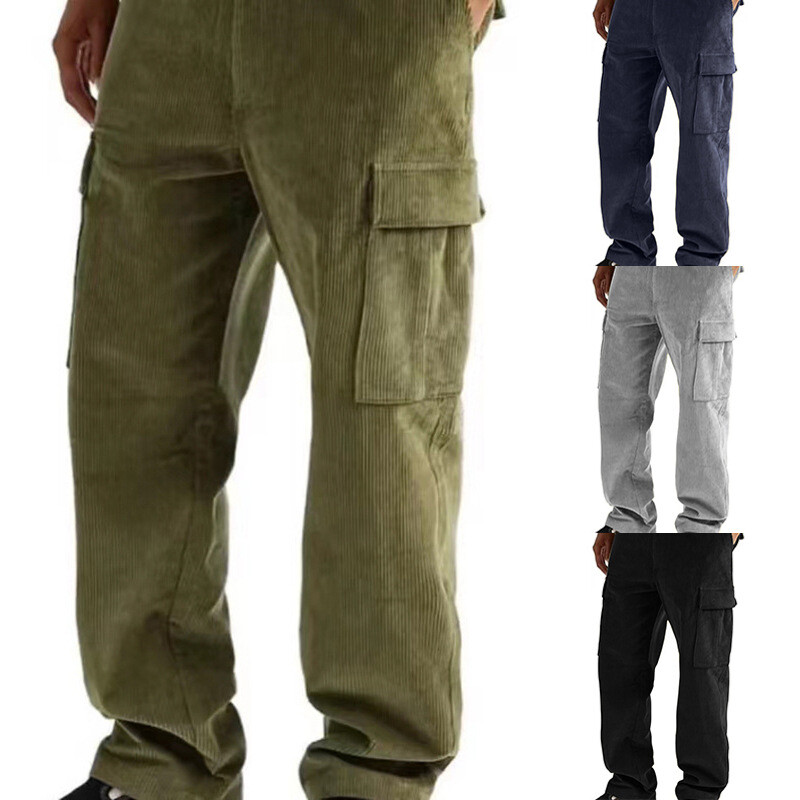 Men Corduroy Cargo Pockets Pants Trousers Straight Leg