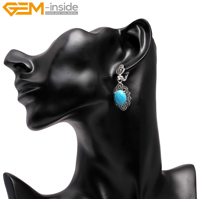Dangle Oval Silver Turquoise Shell Clip On Marcasite Beads Jewelry Earring Women