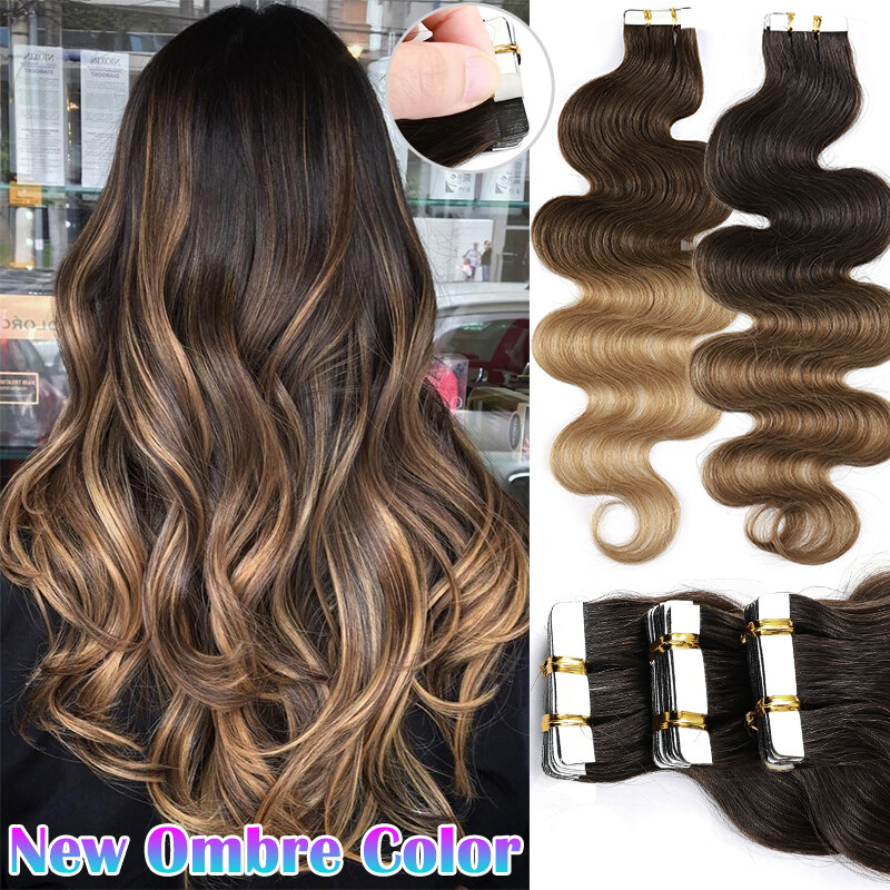 Tape In Real Remy Human Hair Extensions Brazilian Body Wave Wavy