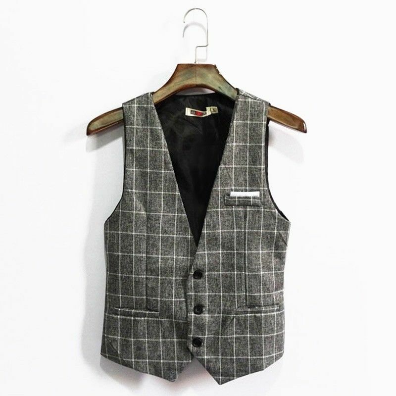 Men Slim Fit Check Gilet Gentleman British Waistcoat Vest Jacket Blazer Top Coat