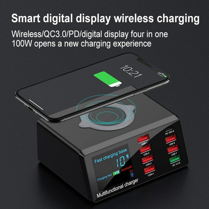 100W 8 Ports QC 3.0 Fast USB Charger PD Quick Adapter Station Wireless Charger
