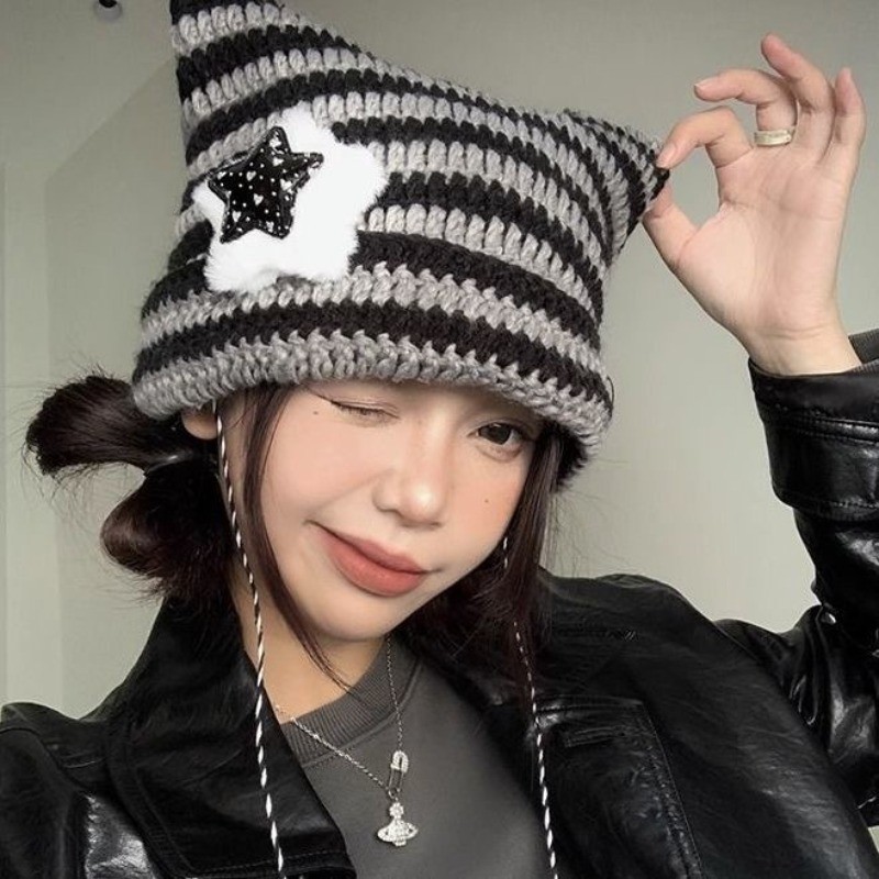 Bonnet Tricot Femme Oreilles De Chat Rayé Avec Pompon Hiver Mignon Doux Chaud