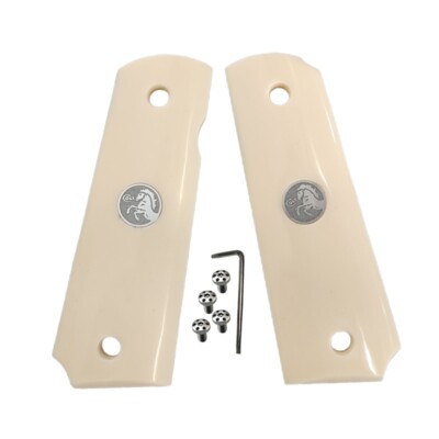 1911 Grips Acrylic Ivory Gun Grips Ambi Cut W/Silver Medallions fits Colt