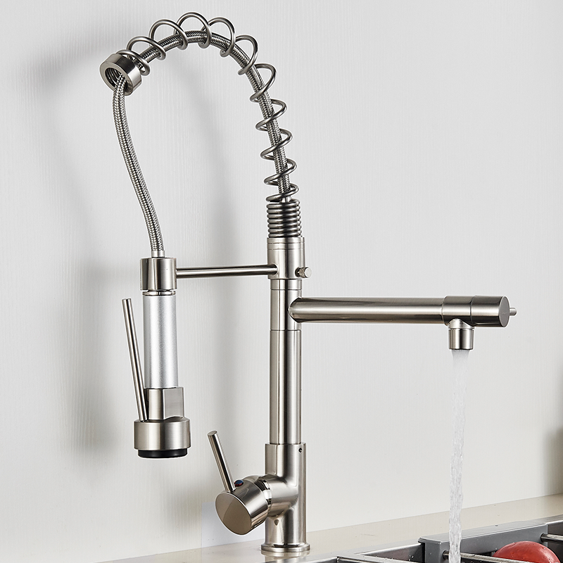 Kitchen Sink Faucet Swivel Single Handle Pull Down Sprayer Mixer Brushed Nickel