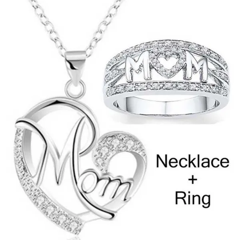 MOM Necklace and Ring Set Zircon Plated 925 Silver Jewelry Set Love Gift for Mother'S Day
