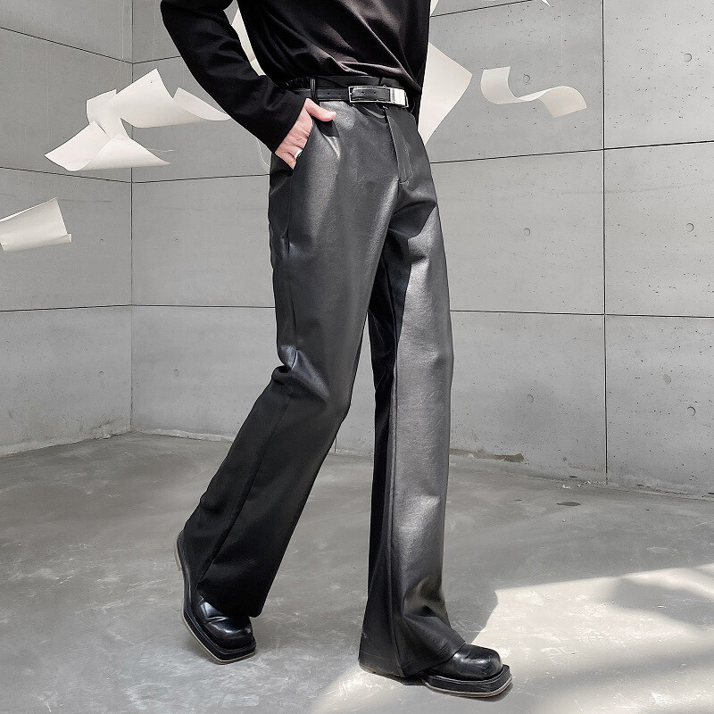 Herren Kunstleder Schmal Taper Flared Schlaghose Bootcut Schwarz Zip Tasche