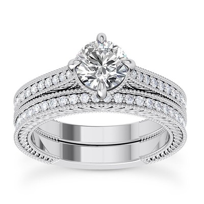 Art Deco Bridal Set 2.30 CT H VS2 Round Lab Grown Diamond Engagement Ring 14k