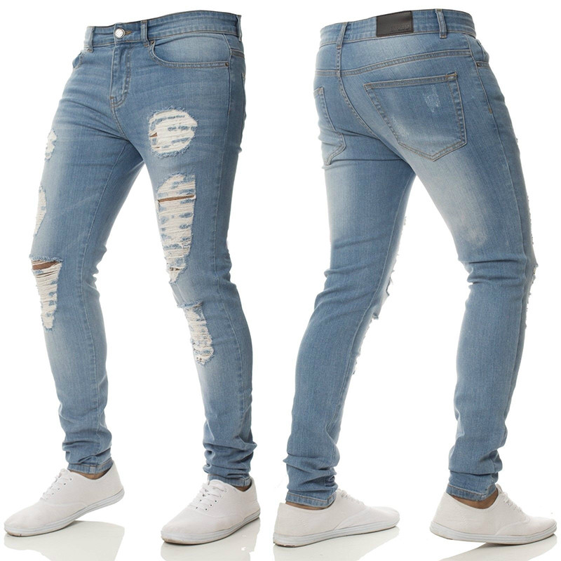 Men Stretch Ripped Skinny Jeans Distressed Frayed Slim Fit Biker Denim Pants 3XL